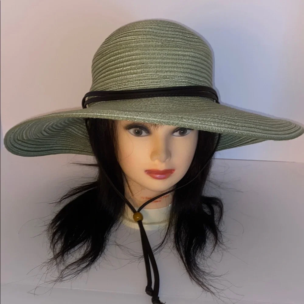 Sloggers Mint Green Braided Wide Brim Straw Hat with Brown Leather Band Size M